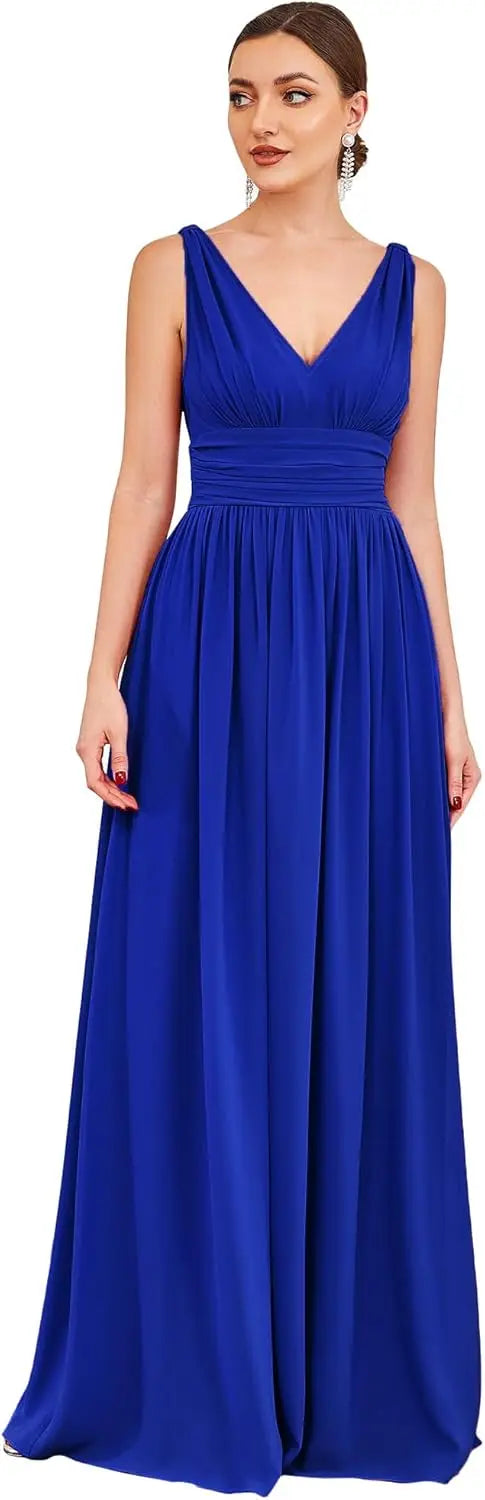 Damen Brautjungfernkleid V-Ausschnitt Ärmellos A-Linie Chiffon Bodenlang Abendkleid Hochzeitsgastkleid Ballkleid