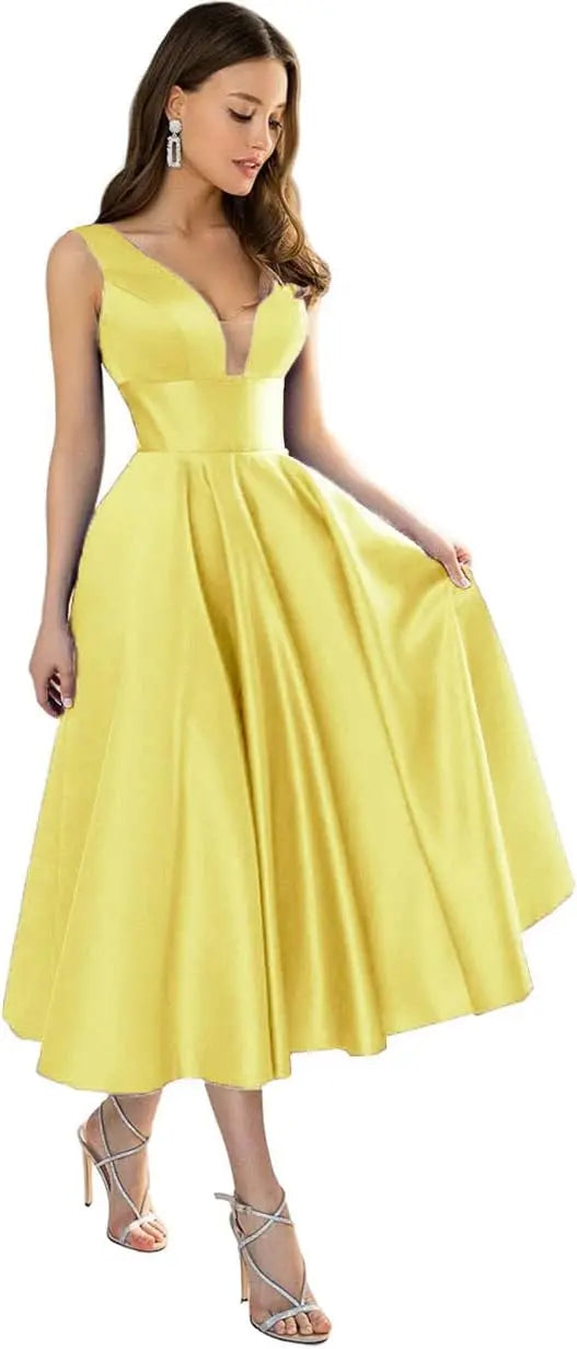 Damen Satin Brautjungfernkleider Kurze Teelänge Formelle Kleider V-Ausschnitt A-Linie Abendkleid mit Taschen Hochzeitsfeierkleider