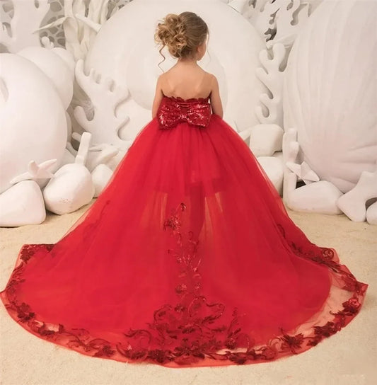 Vestido rojo de primera comunión con lazo y lentejuelas brillantes, cuello redondo, para fiesta de cumpleaños de niña, para boda
