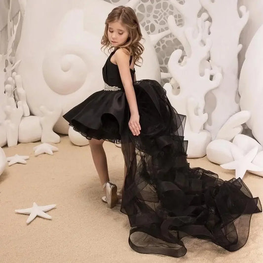 Ballkleid Erstkommunion Kleider Schwarze Blumenmädchenkleider für Hochzeit Tüll Besded Abnehmbare Ärmellose Mädchen Kindergeburtstag