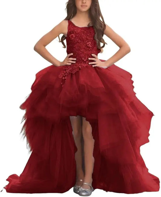 Vestido de niña de flores para desfile, alto bajo, con capas de tul y apliques, estilo princesa, formal, para fiesta y baile, para niñas