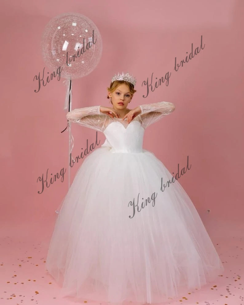 Long sleeve lace Ball Tulle flower Girl dress Mini bride Girl wedding dresses Handmade Toddler dress pageant dresses for girls - White / Custom Size Long sleeve lace Ball Tulle flower Girl dress Mini bride Girl wedding dresses Handmade Toddler dress pageant dresses for girls - White / Custom Size