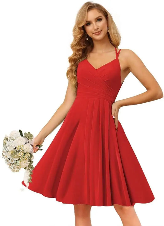 Chiffon V Neck Bridesmaid Dress with Pleated Bodice A Line Chiffon Short Wedding Guest Dress for Women