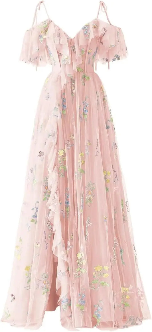 Vestido de fiesta de tul con bordado de flores para mujer, hecho a medida, con aberturas largas y tirantes finos, escote en V, vestido formal de hada, vestido de fiesta de noche
