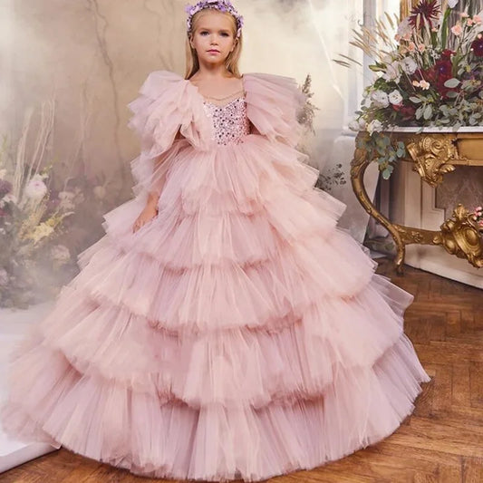 Vestidos de tul rosa con lentejuelas y manga corta para bodas, fiestas de cumpleaños, banquetes, vestidos de princesa personalizados para niñas de las flores.