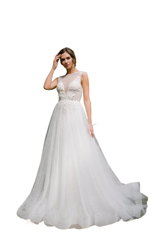 Vestido de novia bordado a medida, vestido de novia de encaje floral, sin espalda, corte en A, de tul con cola. Vestidos de novia personalizados.