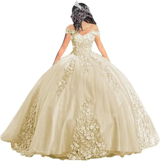 Vestidos de quinceañera de lujo con hombros descubiertos, encaje floral abullonado y cuentas, vestidos de fiesta para quinceañeras de 15 y 16 años con cola.