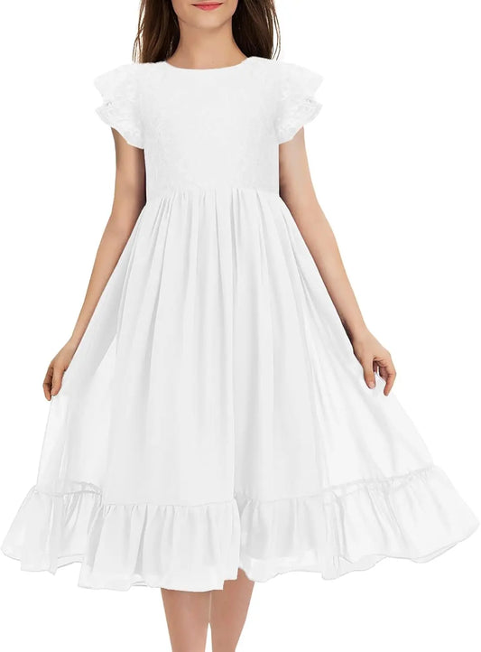 Girls Elegant Lace Flower Crew Neck Ruffle Chiffon A-Line Flowy Birthday Party Midi Dress Flower Girl Dress  princess dress