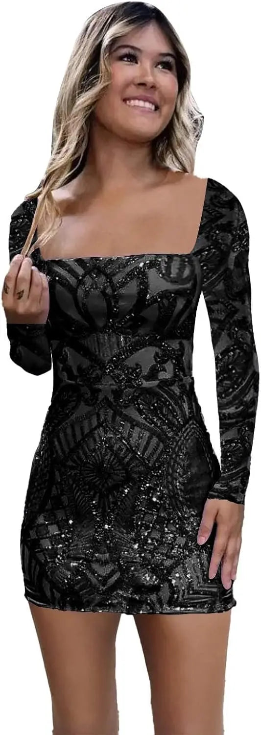 Vestidos de fiesta de manga larga con lentejuelas y encaje para mujer, cortos, ajustados, brillantes, con escote cuadrado, para cóctel o fiesta.