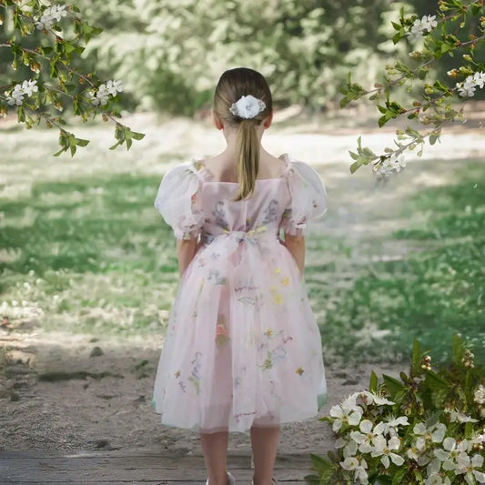 Flower Girl Dress Fairy First Birthday Light Pink Toddler floral Wildflower Birthday Dress Baby Flower Girl Short Sleeve