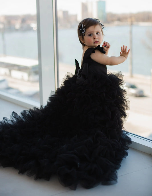 Vestido plisado elegante de longitud para niña, fiesta de cumpleaños, primera comunión, negro, para niña de las flores, para boda, alto-bajo