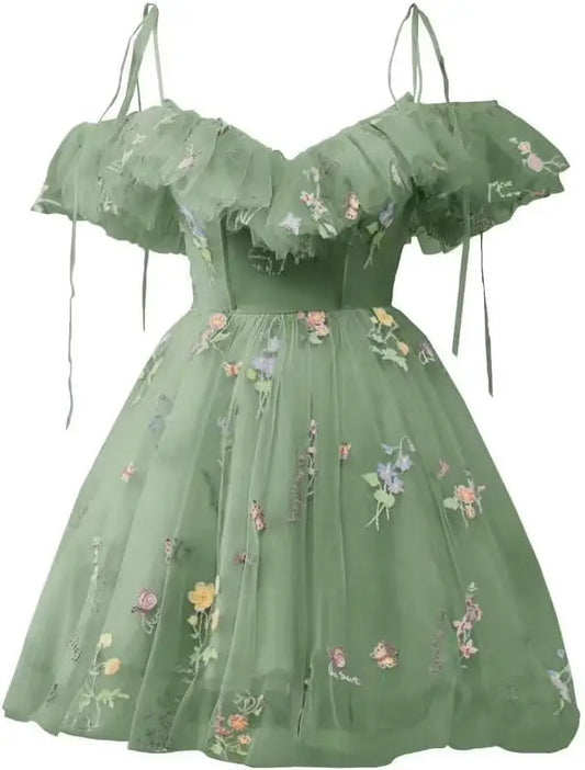 Vestidos cortos de tul con bordado de flores para adolescentes, minivestido de hada con escote en V, vestido formal para fiesta de graduación y cóctel 2025