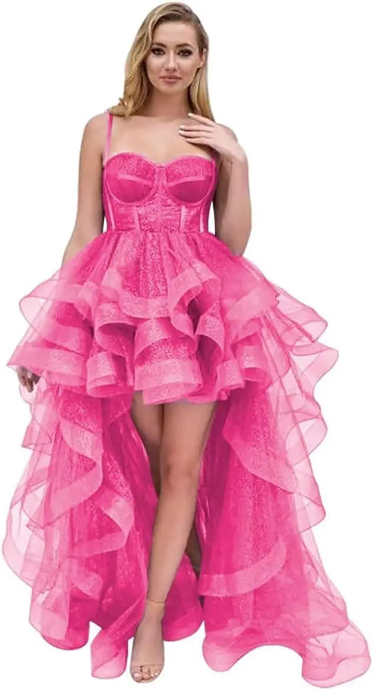 Vestido de fiesta de tul con tirantes finos, vestido de baile de graduación alto-bajo, vestido de regreso a casa con capas y volantes, vestidos de quinceañera estilo princesa