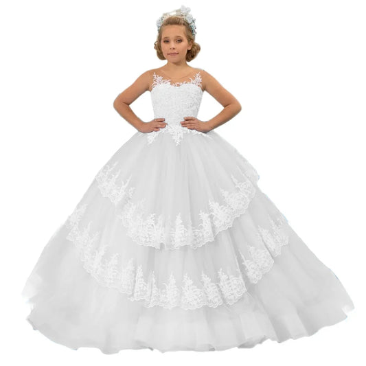 Birthday Party Banquet Princess Gown Customized Flower Girl Dress Sky Blue White Lace Appliques Tiered Sleeveless For Wedding