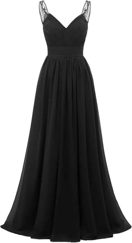 Chiffon-Spitze Brautjungfernkleider lang für Damen V-Ausschnitt Plissee Tüll Träger A-Linie Abschlussball Abend Hochzeit formelle Kleider