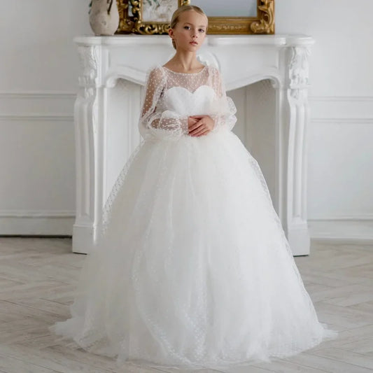 Birthday Banquet First Communion Gowns Flower Girl Dresses White Tulle Polka Dot Skirt With Bow Long Sleeve For Wedding