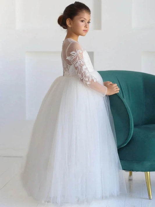 Apliques de tul blanco de manga larga para bodas, cumpleaños, bailes de graduación, banquetes, primera comunión, vestidos de niña de las flores personalizados