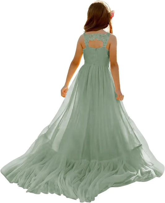 Vestido bohemio para niña de las flores para boda 2025, largo hasta el suelo, elegante, con apliques de encaje, vestidos de primera comunión