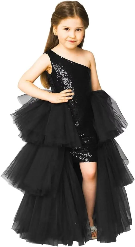 One Shoulder Sequin Pagent Dresses Girls Tulle Ball Gown Layered High Low Flower Girl Dress for Wedding princess dress