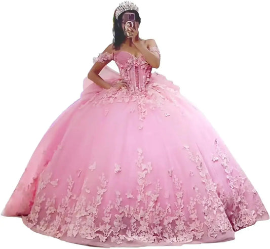 Vestidos de quinceañera con mariposas en 3D, vestido de fiesta con hombros descubiertos, vestidos de quinceañera de tul brillante con cuentas, vestido de fiesta