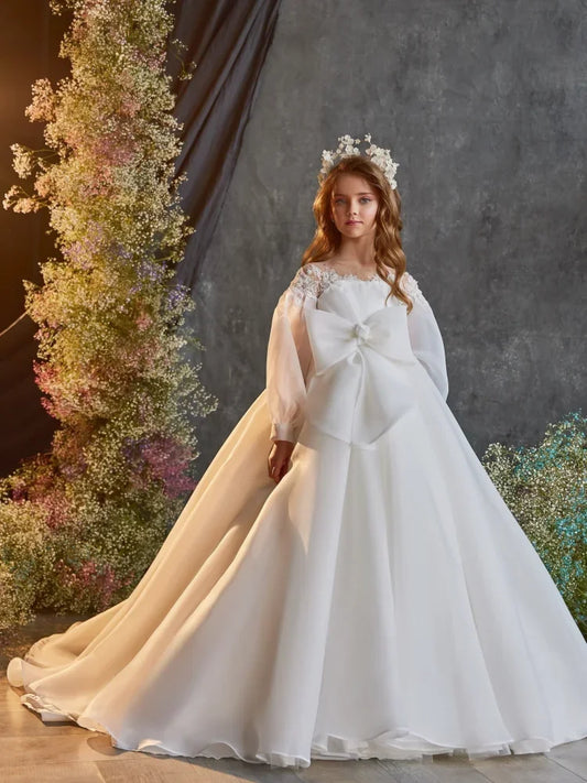 Apliques de satén blanco con cuentas de pedrería, lazo grande, manga larga para bodas, cumpleaños, banquetes, vestidos de princesa, vestidos de niña de las flores