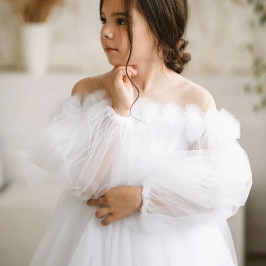 Vestido de tul blanco con lazo y flores, manga larga, para boda, fiesta de cumpleaños, banquete, princesa, niña de las flores