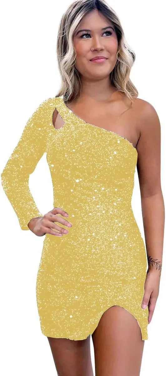 Women's One Shoulder Sequin Homecoming Dress Short Sparkly Long Sleeve Prom Party Gowns for Teens cocktail dresses