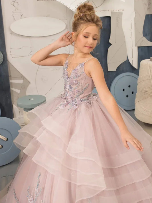Vestidos de princesa para banquetes de fiesta de cumpleaños, vestidos de niña de las flores de tul rosa polvoriento con estampado floral escalonado, sin mangas para boda