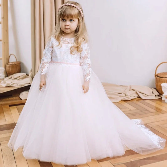 Vestidos de princesa para niña de las flores, con apliques de tul blanco y cinta rosa, manga larga para bodas, fiestas, cumpleaños y comuniones.