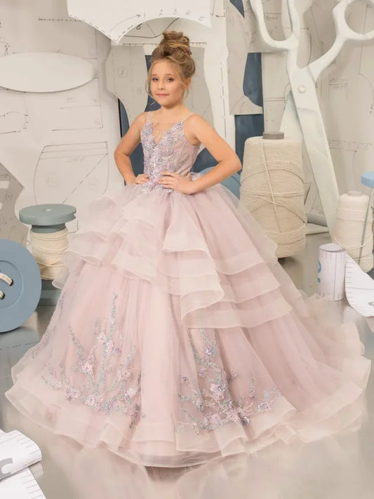Vestidos de princesa para banquetes de fiesta de cumpleaños, vestidos de niña de las flores de tul rosa polvoriento con estampado floral escalonado, sin mangas para boda