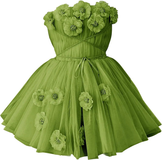 Kurzes trägerloses Tüll-Cocktailkleid mit Blumenmuster in A-Linie, Heimkehrkleid für Teenager, anpassbares Partykleid, Ballkleider, Minikleid