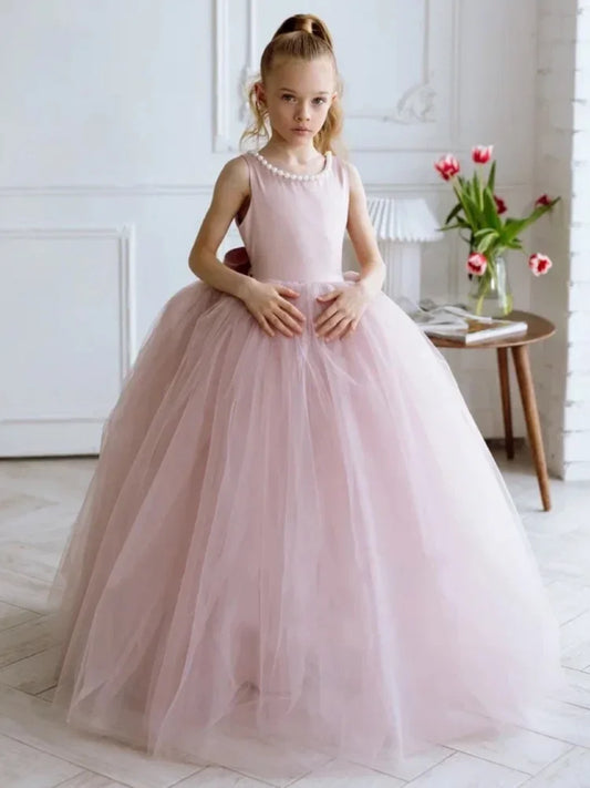 Vestidos de princesa para banquetes de fiesta de cumpleaños, vestidos de niña de las flores, tul rosa polvoriento, cuello de perlas con lazo y cinturón, sin mangas para boda