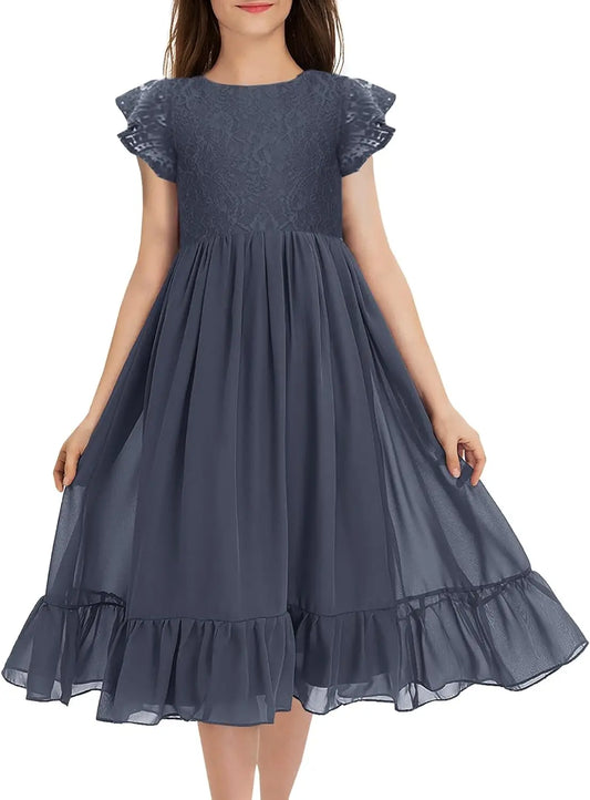 Girls Elegant Lace Flower Crew Neck Ruffle Chiffon A-Line Flowy Birthday Party Midi Dress Flower Girl Dress  princess dress
