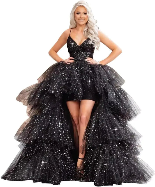 Vestidos de fiesta de tul con lentejuelas altas y bajas, vestido de baile romántico en capas para mujer, vestido de noche brillante, vestidos de noche
