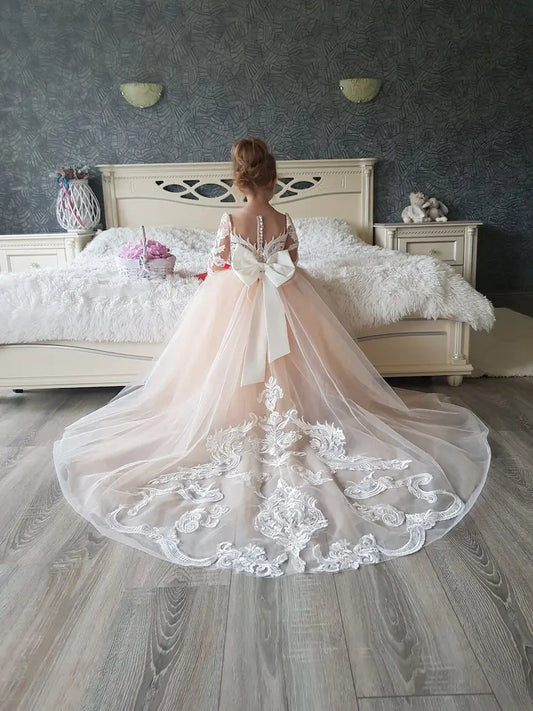 Vestido de niña de flores de tul para fiesta de bodas, vestido de primera comunión, vestido de tutú de encaje con cola, vestido de baile de niña, apliques de marfil con lazos