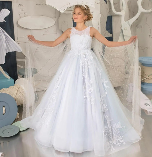 Princess Dress Tulle Lace Flower Girl Dress for Wedding Applique Princess Pageant Dress Long Party Ball Gown with Cape Sleeves