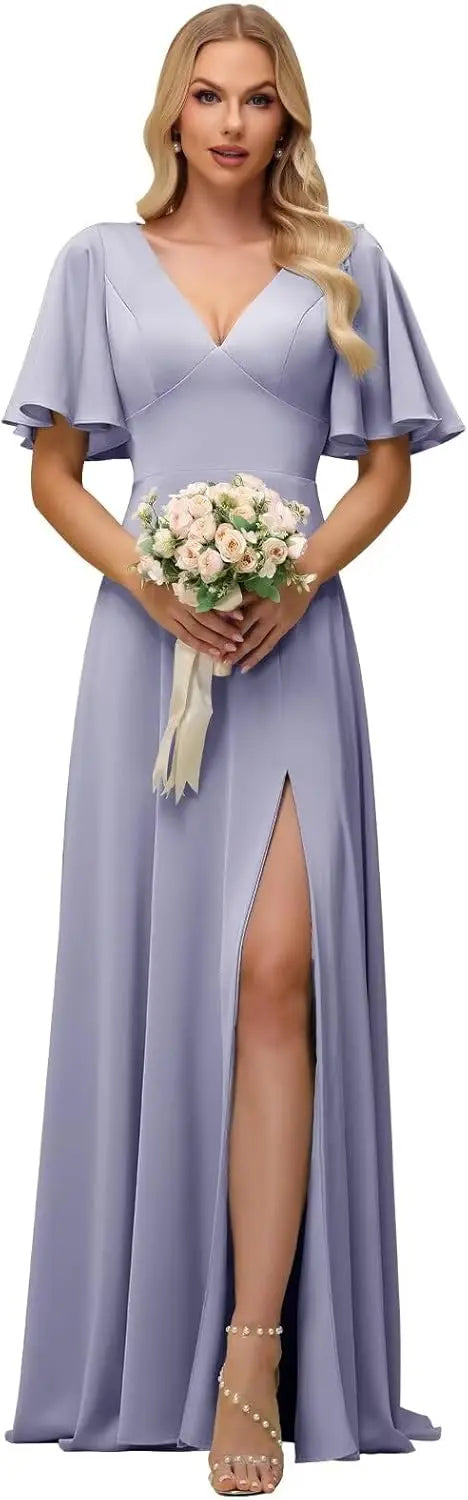 Hochzeitsfeier Chiffon Kurze Ärmel Brautjungfernkleider für Frauen Schlitz Lang Cut Out Elegantes Maxi Formales Abend-Cocktailkleid