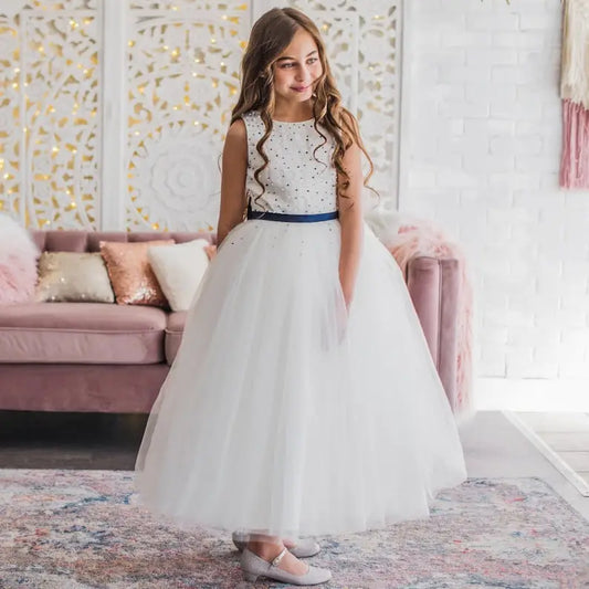 Vestido de niña de flores azul marino blanco con cuentas de tul azul marino para cumpleaños, largo hasta los tobillos para bodas, vestidos de princesa para niñas pequeñas.