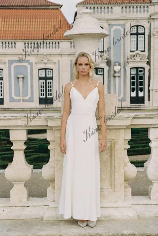 Vestido de novia cruzado con abertura frontal, vestido de novia con tirantes finos, vestido de novia de crepé con escote en V, vestidos de novia sencillos de satén blanco