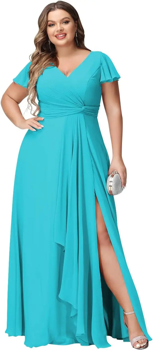 Vestidos de dama de honor con mangas con volantes y bolsillos, cuello en V, largos y formales, para mujer, talla grande, 2026, para fiesta de boda.