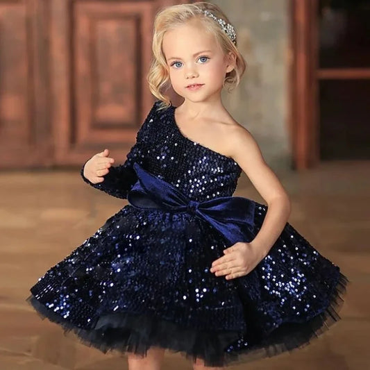 Vestido de tul azul marino con lentejuelas y lazo, de un solo hombro, para boda, fiesta de cumpleaños, comunión, personalizado, para niña de las flores