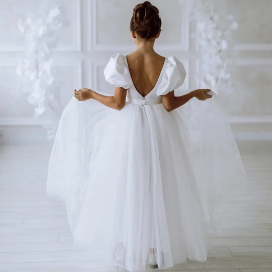 Princess Dress  Flower Girl Dresses White Tulle Satin Short Sleeve For Wedding Birthday Party Ball Banquet Princess Gowns