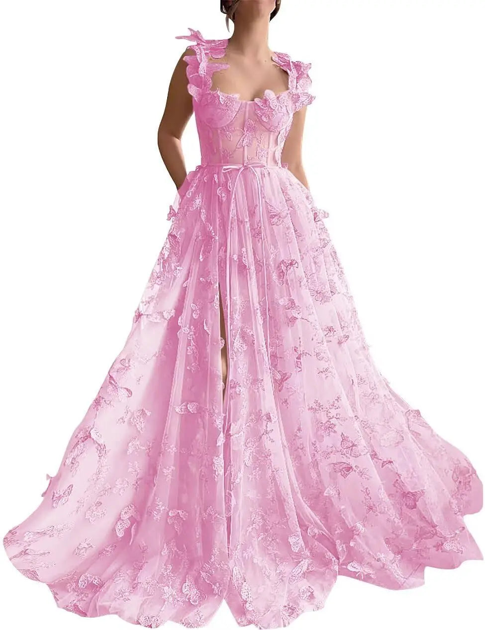 butterfly prom dress pink Pink Tulle Long A-Line Prom Dress with Butterfly Lace