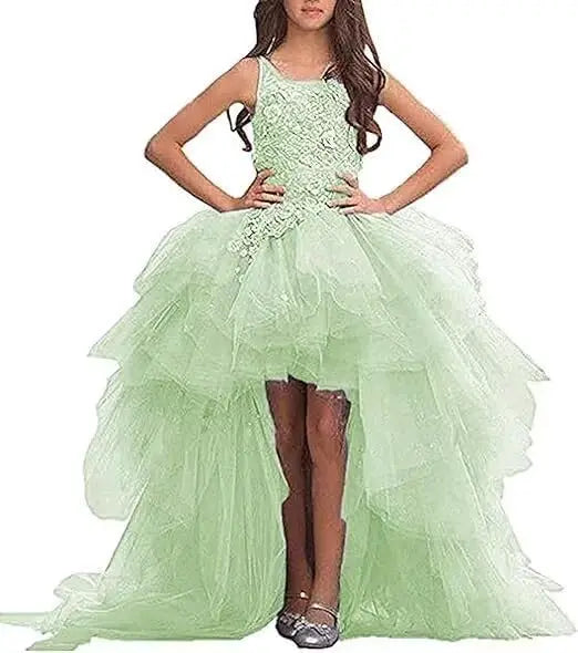 High Low Blumenmädchenkleider für Hochzeit Tüll Prinzessin Festzugskleid Spitzenapplikationen Ballkleid Prinzessinnenkleid