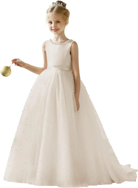 Vestido de tul con tutú para niña de las flores, para boda, primera comunión, desfile, princesa, baile de graduación, con lazo