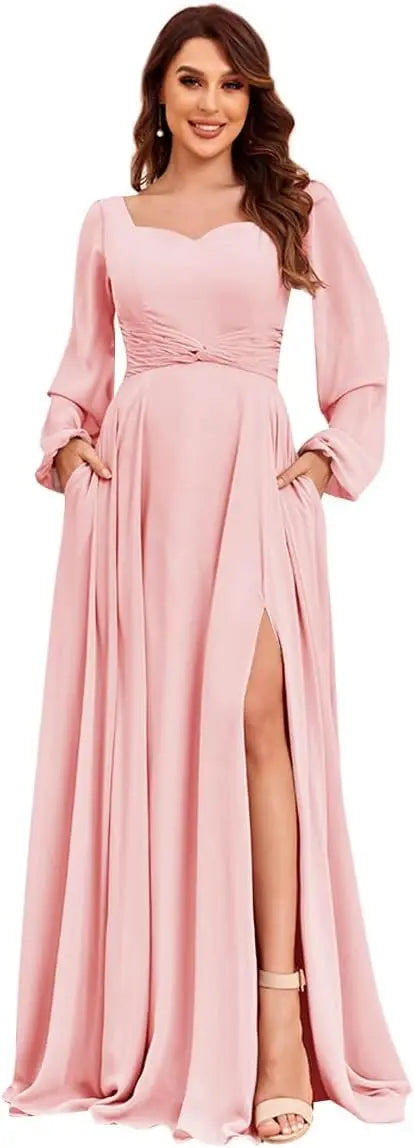 Vestidos de dama de honor de manga larga para mujer con bolsillos, vestido formal de fiesta de noche de gasa plisada dividida, vestido formal elegante para mujer