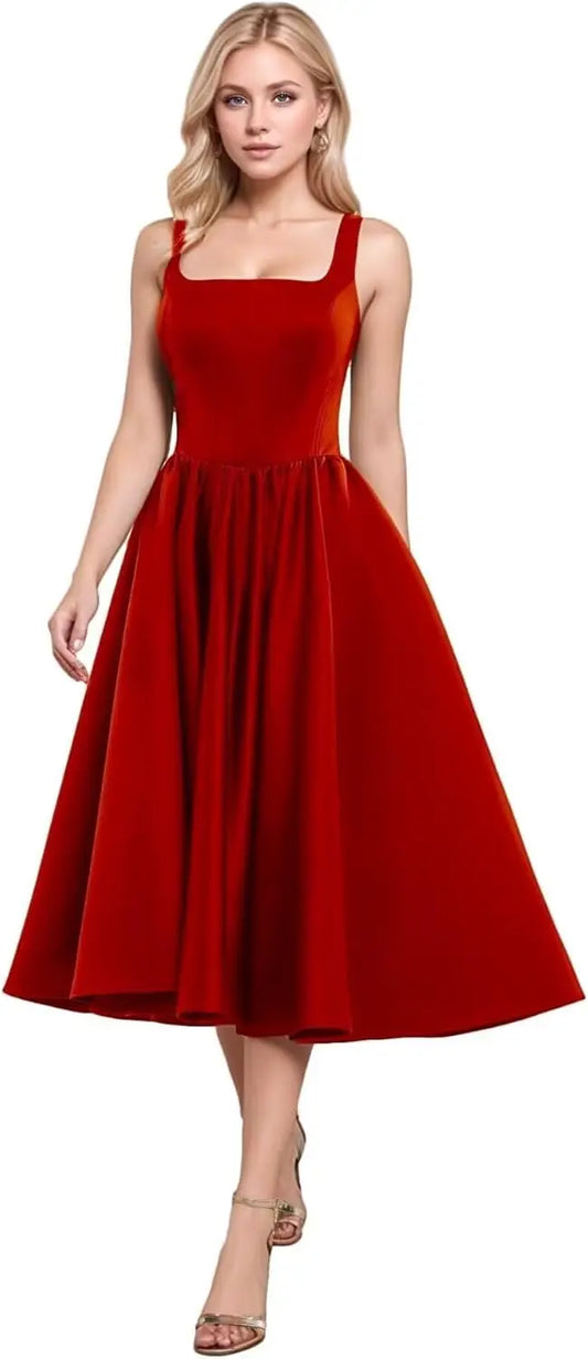 A-Line Pleated Tea-Length Satin Homecoming Dress,Spaghetti Straps Ruffled Formal Prom Dress Party Gown for Women