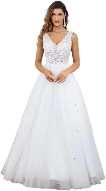Vestidos de novia de encaje para mujer, tul, escote en V, lentejuelas y cuentas, sencillos, blancos