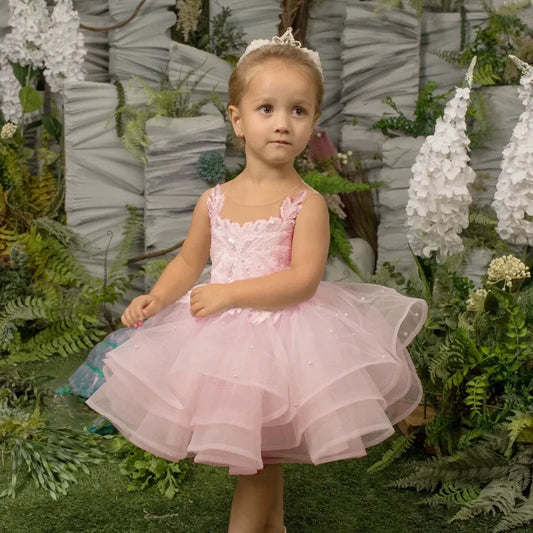 Vestidos de tul rosa claro con estampado floral escalonado sin mangas para bodas, fiestas de cumpleaños, primera comunión, vestidos para niñas de las flores