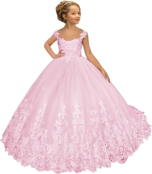 Vestido de niña de las flores para boda, vestido de tul con apliques de encaje, vestidos largos de princesa para niñas, vestidos de niñas para boda